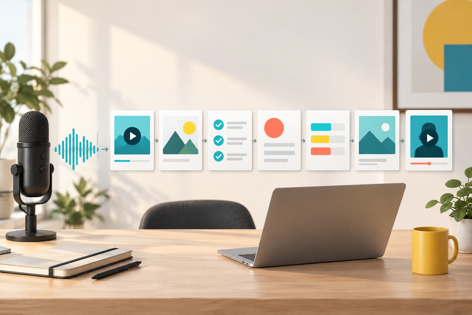Illustration of a podcast recording becoming seven varied content cards.