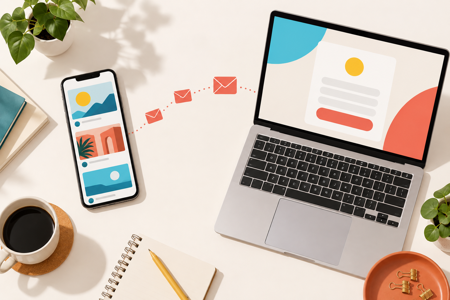 Illustration of social content on a phone connecting to an email signup form on a laptop.