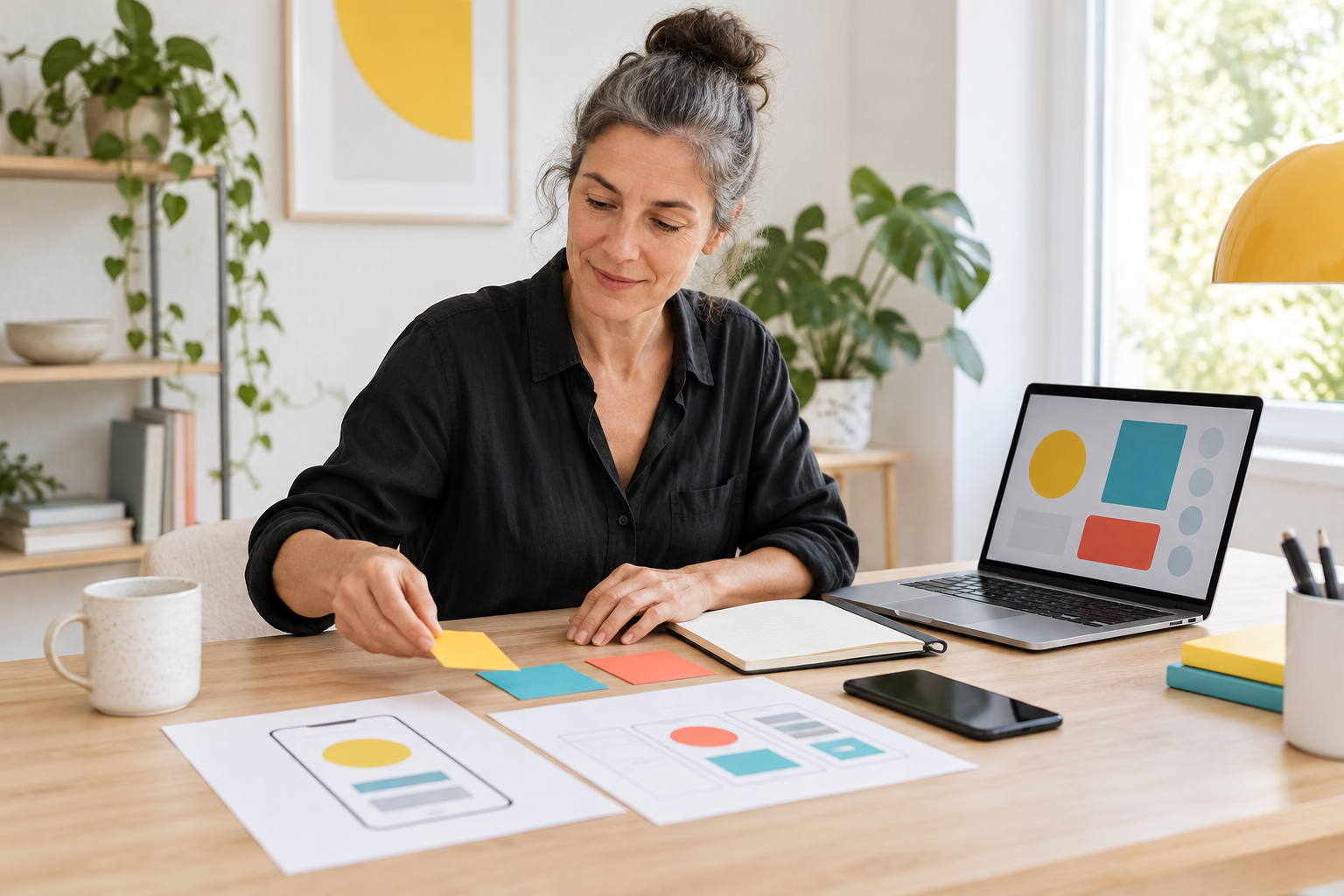 Founder organizing app wireframes and audience research notes at a home-office desk.