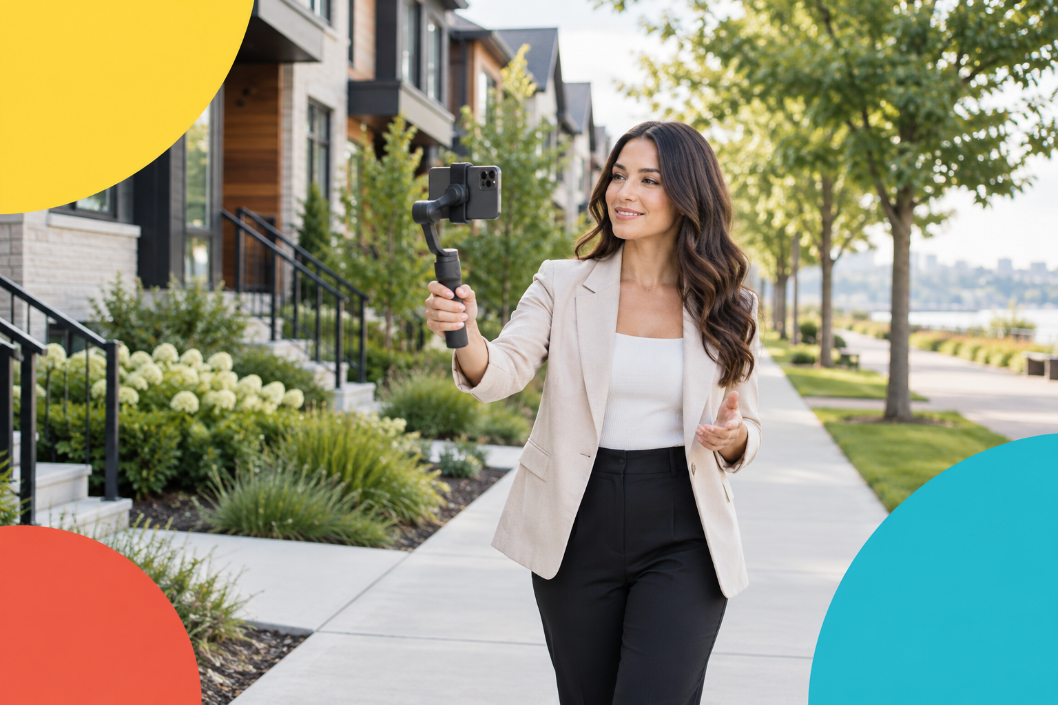 Real estate agent filming a neighbourhood video beside Canadian townhouses.