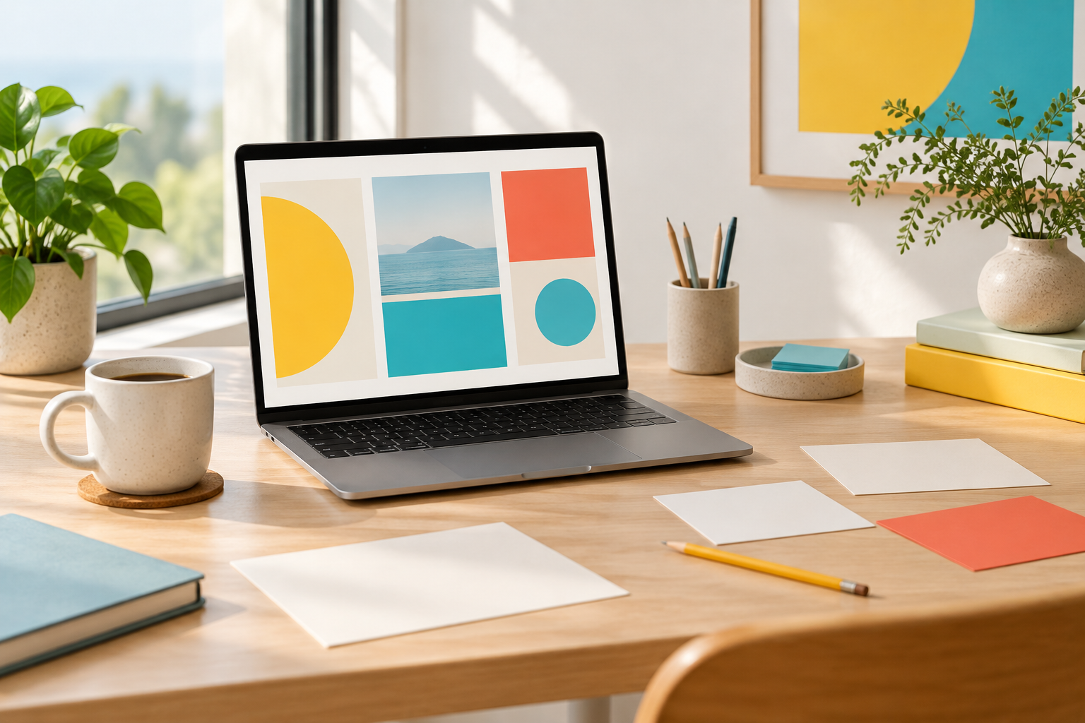 Minimal creator workspace with a laptop, blank planning cards, pencil, and coffee cup.