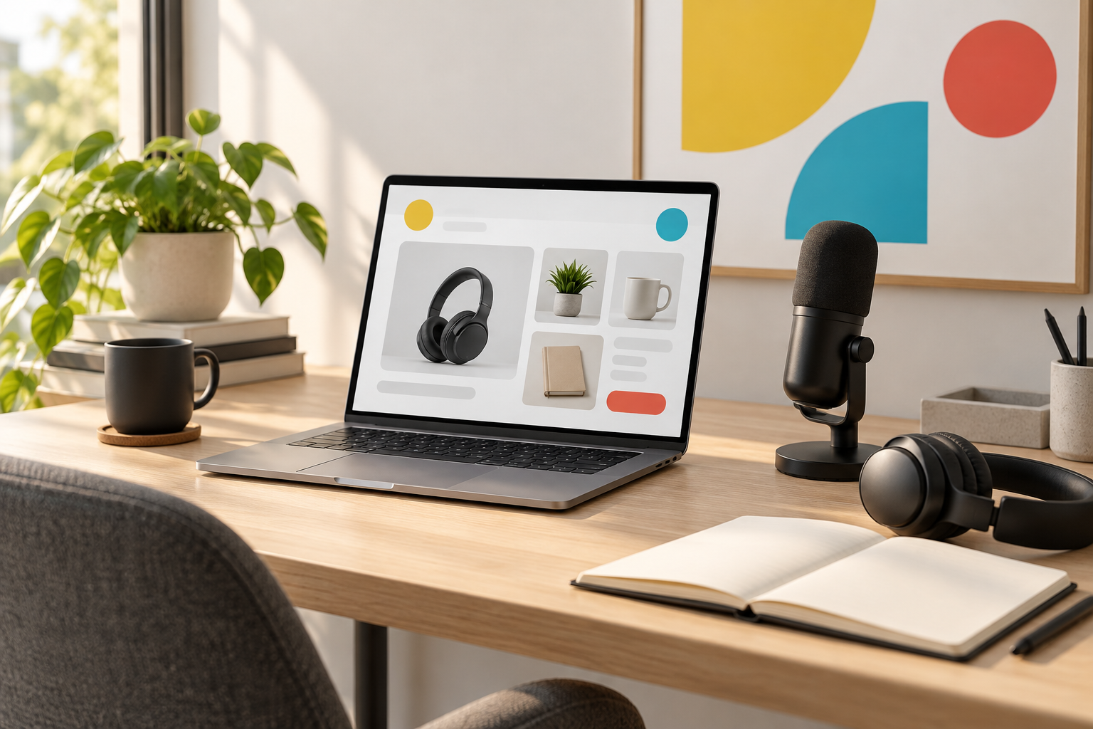 Creator’s desk with a laptop, microphone, and headphones arranged beside a recommendation page.
